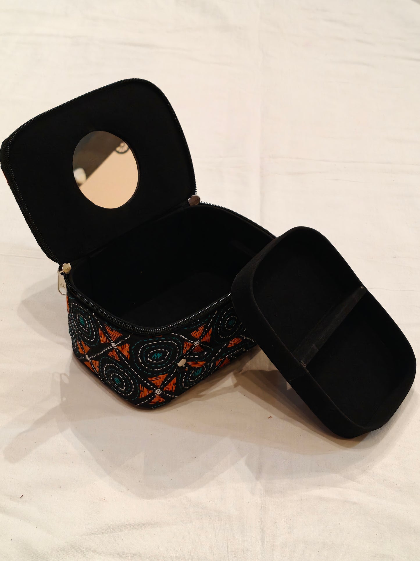 Kantha embroidered hand crafted jewellery / makeup box with handle and mirror inside - perfect for travel