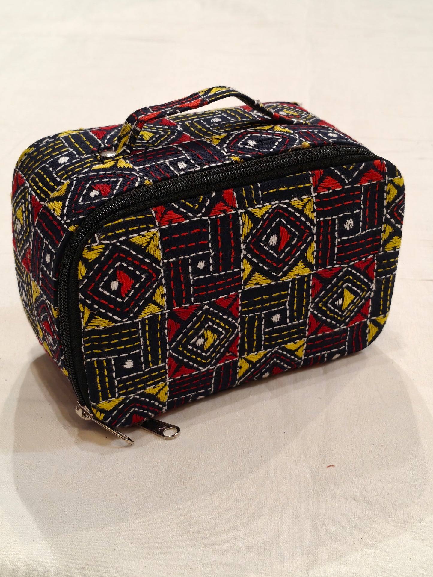 Kantha embroidered hand crafted jewellery / makeup box with handle and mirror inside - perfect for travel