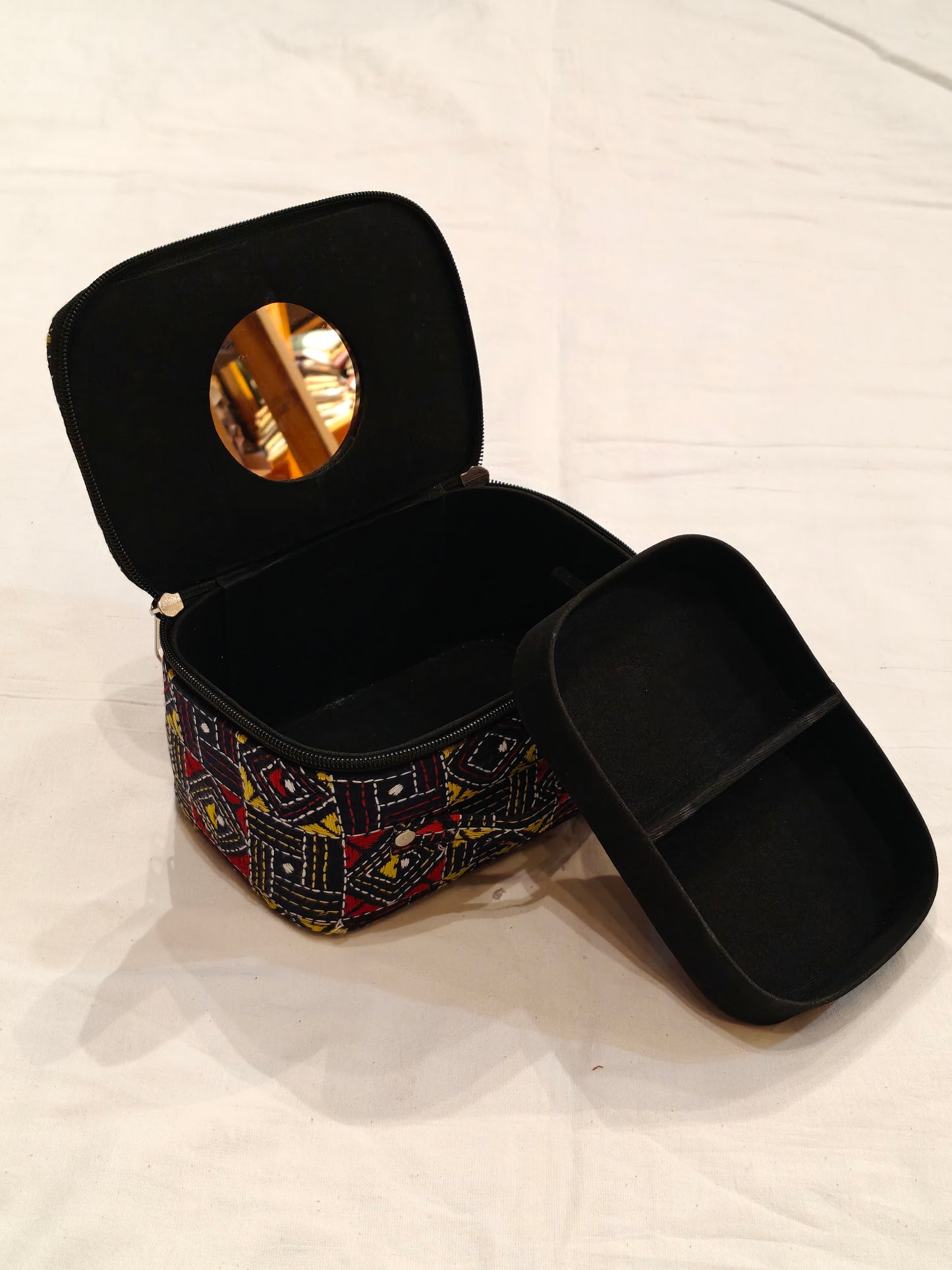 Kantha embroidered hand crafted jewellery / makeup box with handle and mirror inside - perfect for travel