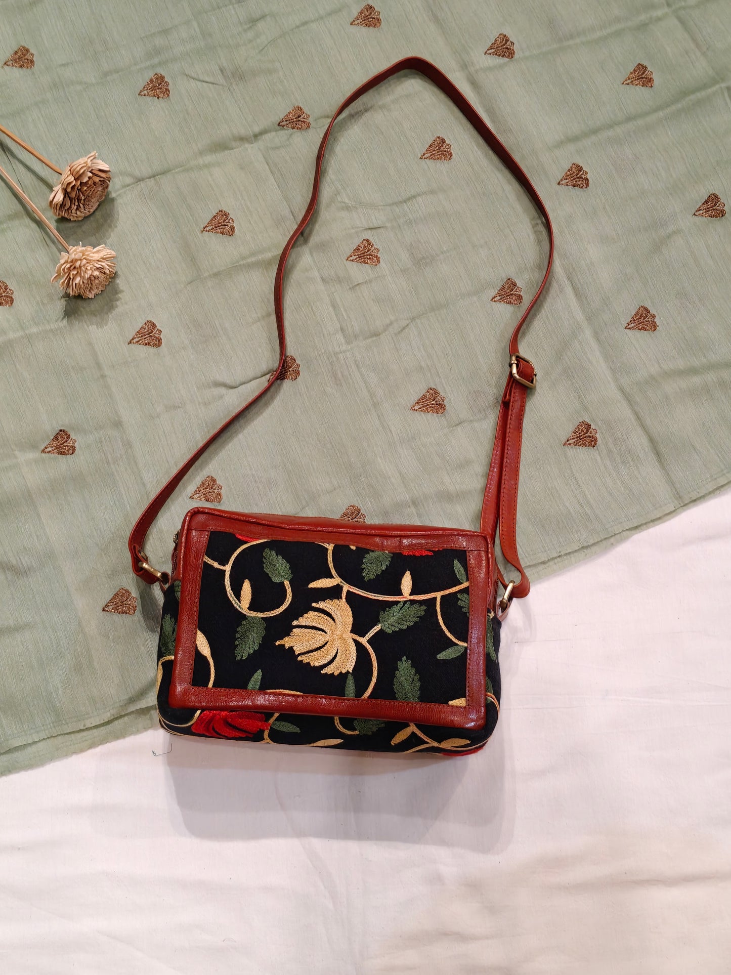 Kashmiri floral Aari embroidered rectangular leather boxy sling bag with adjustable length leather strap