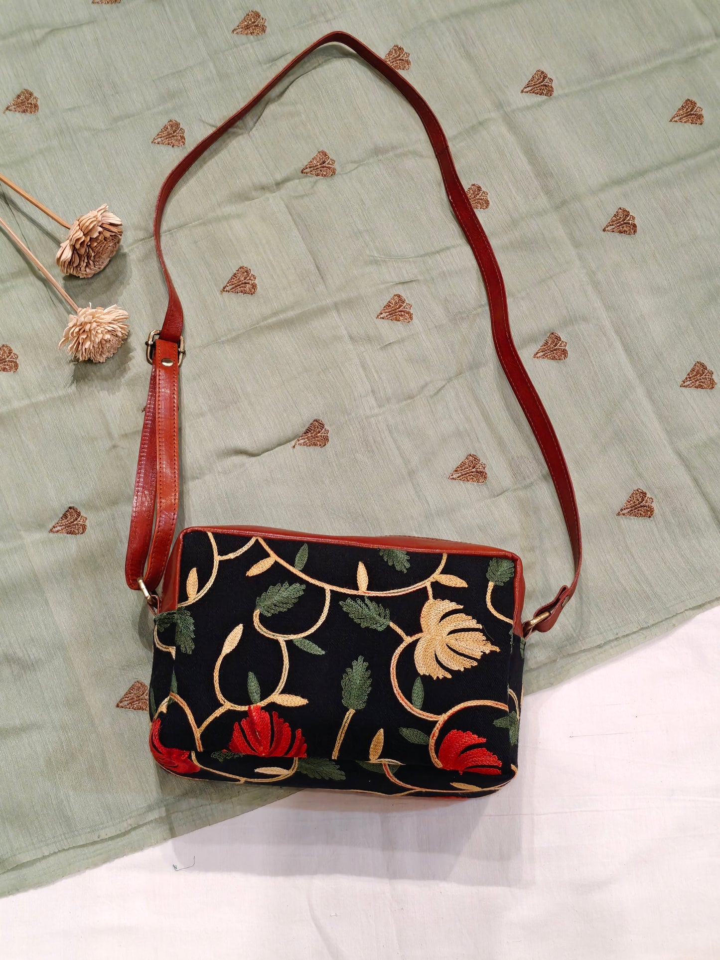 Kashmiri floral Aari embroidered rectangular leather boxy sling bag with adjustable length leather strap