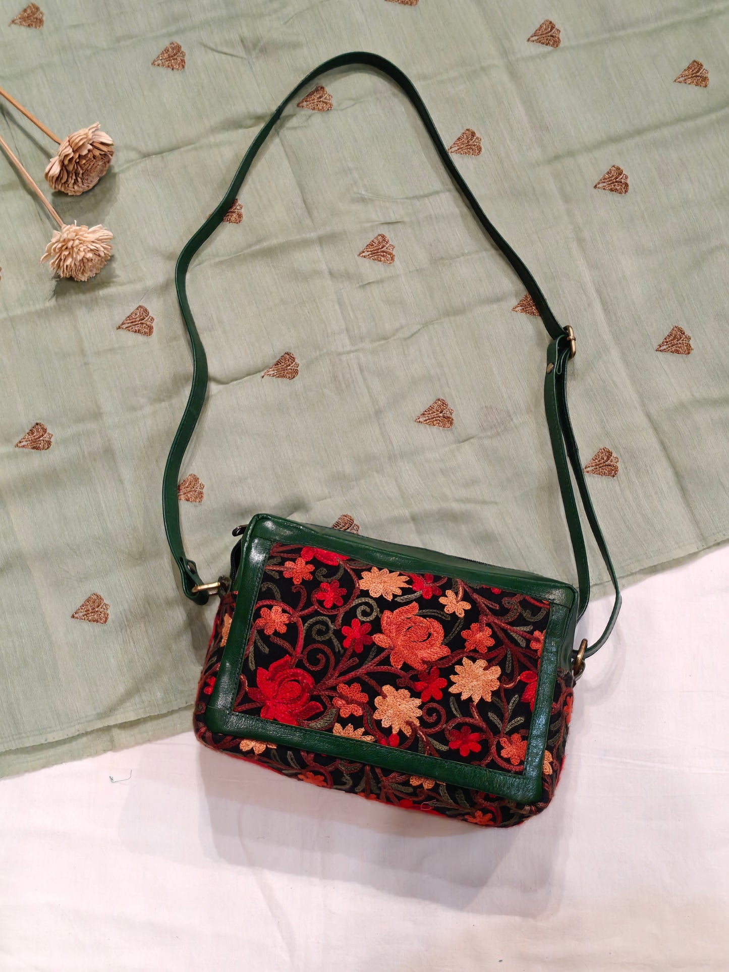 Kashmiri floral Aari embroidered rectangular leather boxy sling bag with adjustable length leather strap