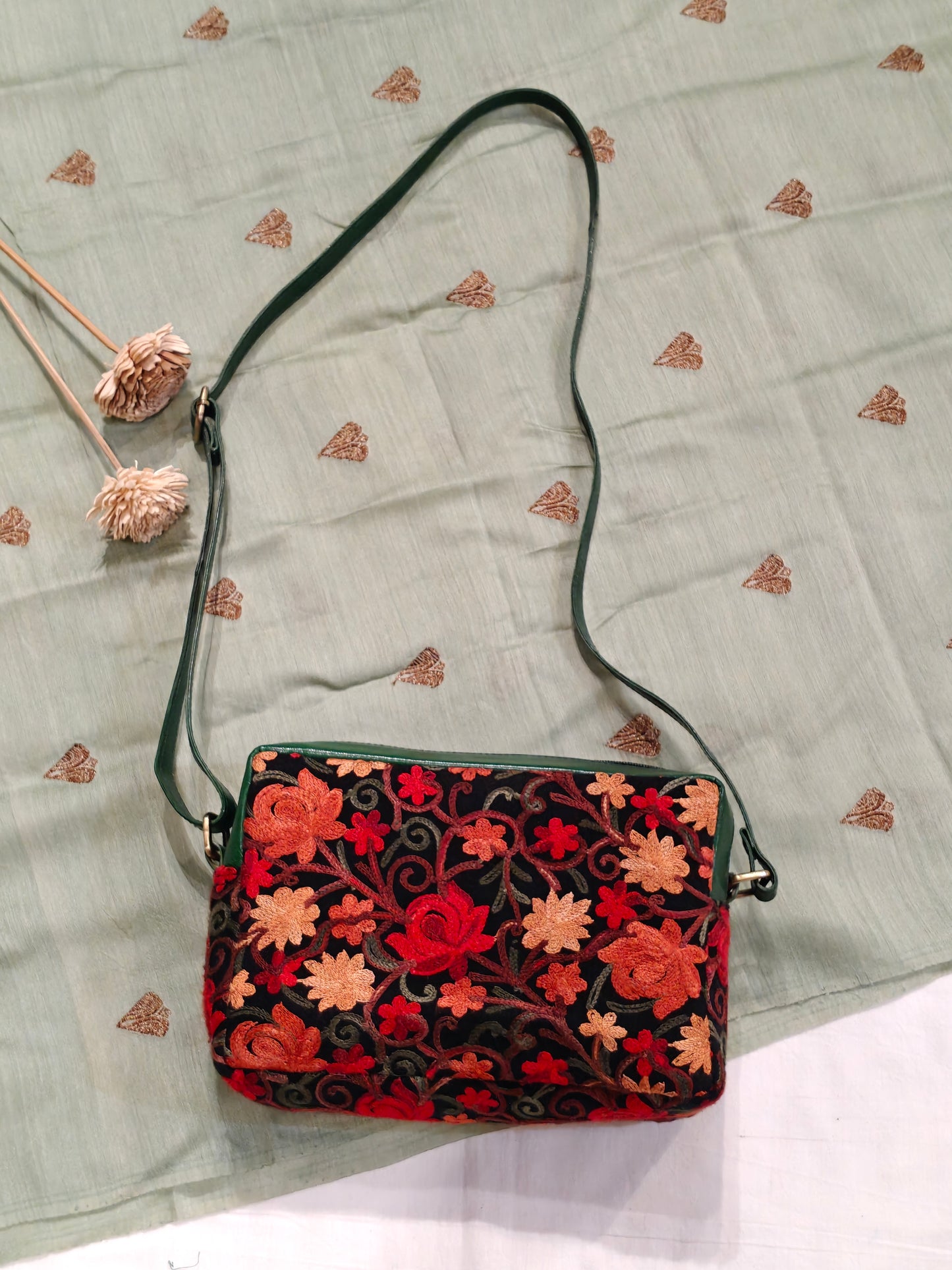 Kashmiri floral Aari embroidered rectangular leather boxy sling bag with adjustable length leather strap