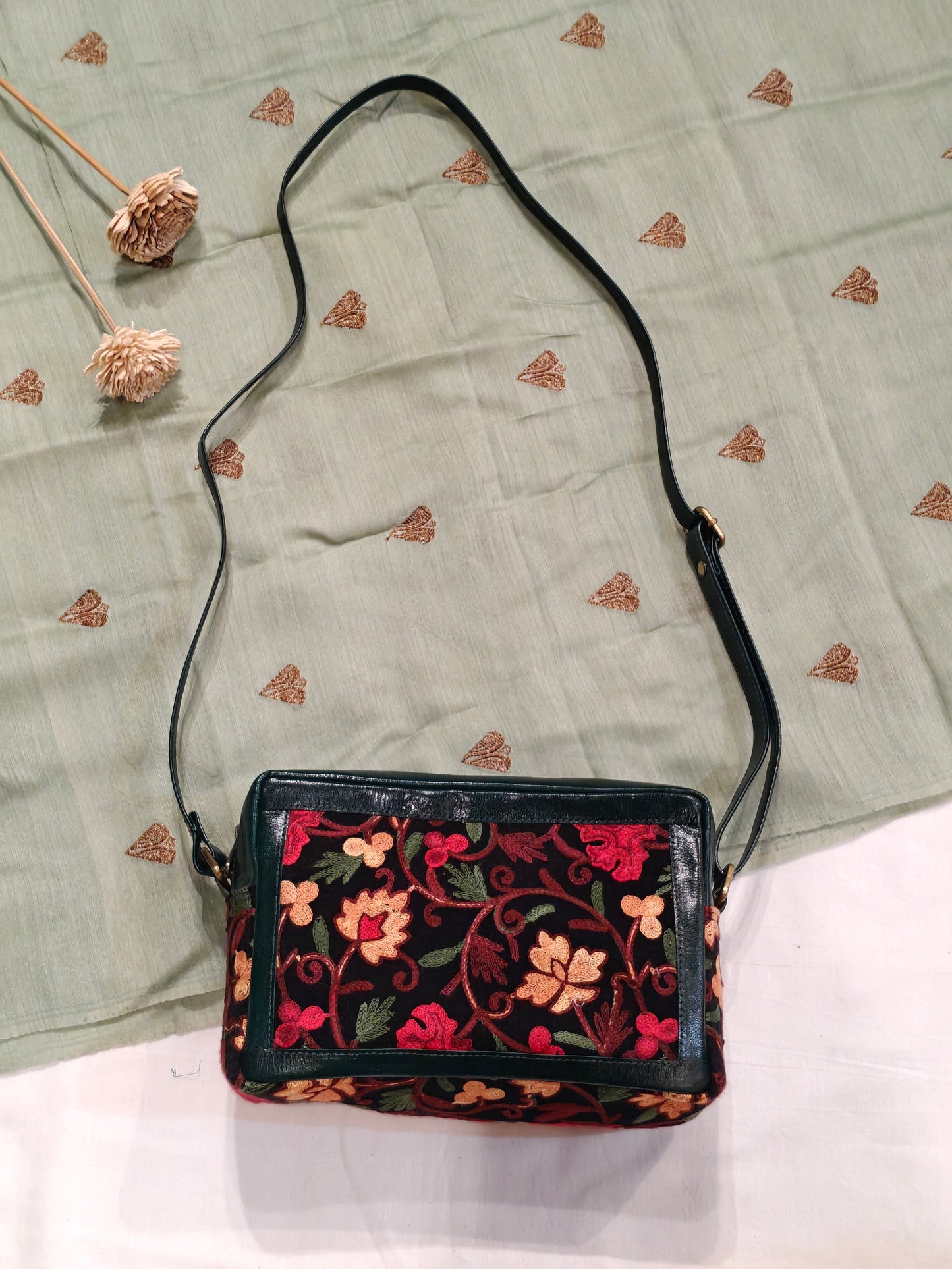 Kashmiri floral Aari embroidered rectangular leather boxy sling bag with adjustable length leather strap