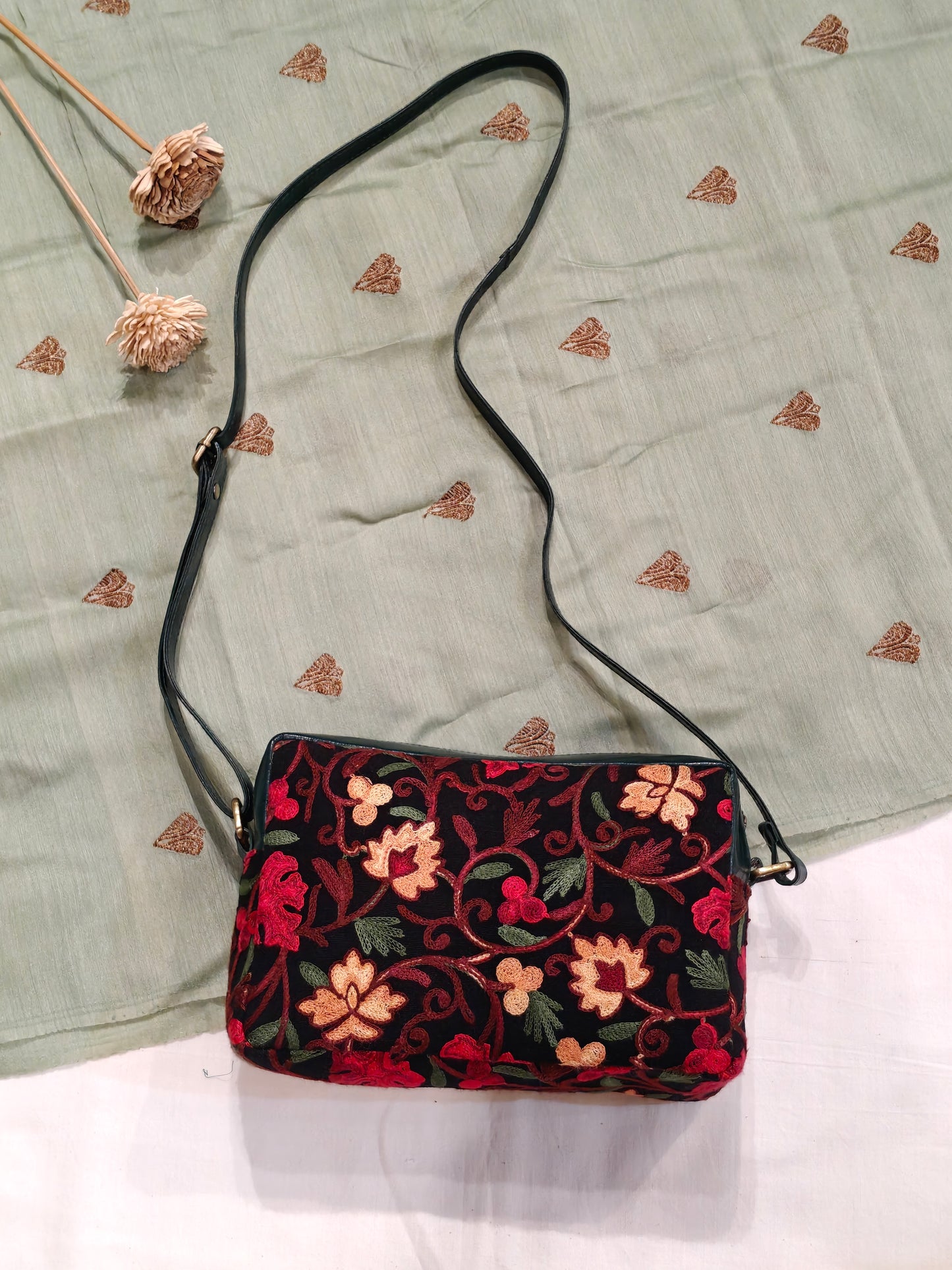 Kashmiri floral Aari embroidered rectangular leather boxy sling bag with adjustable length leather strap