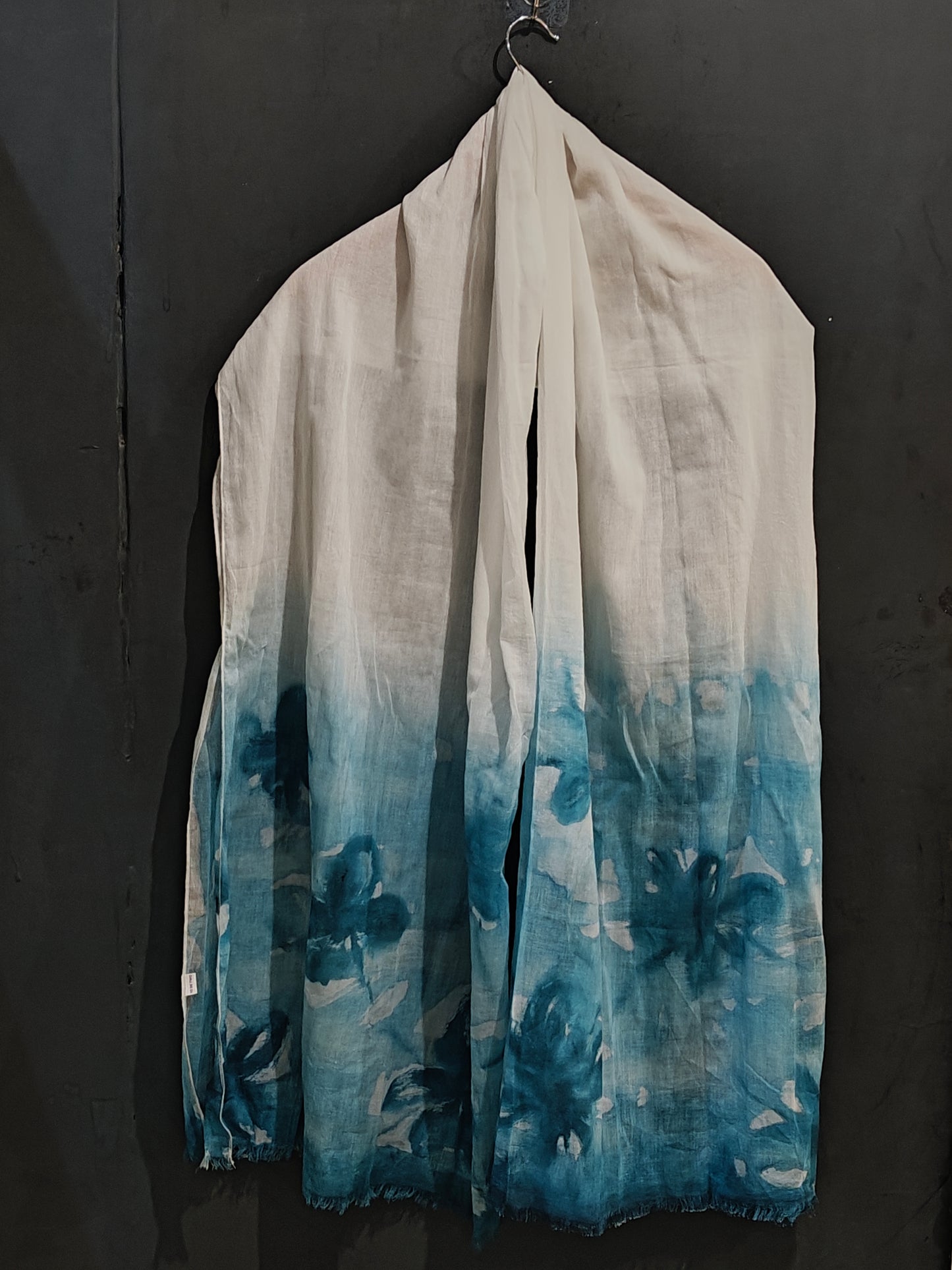 White and sky blue handpainted mul cotton dupatta