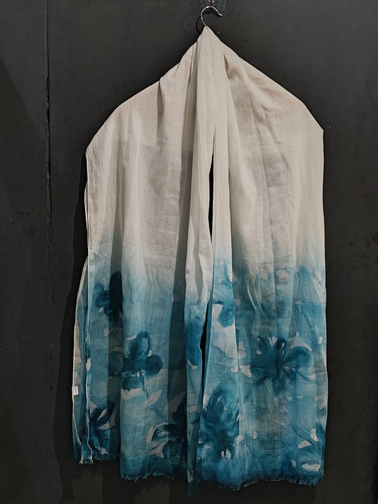 White and sky blue handpainted mul cotton dupatta