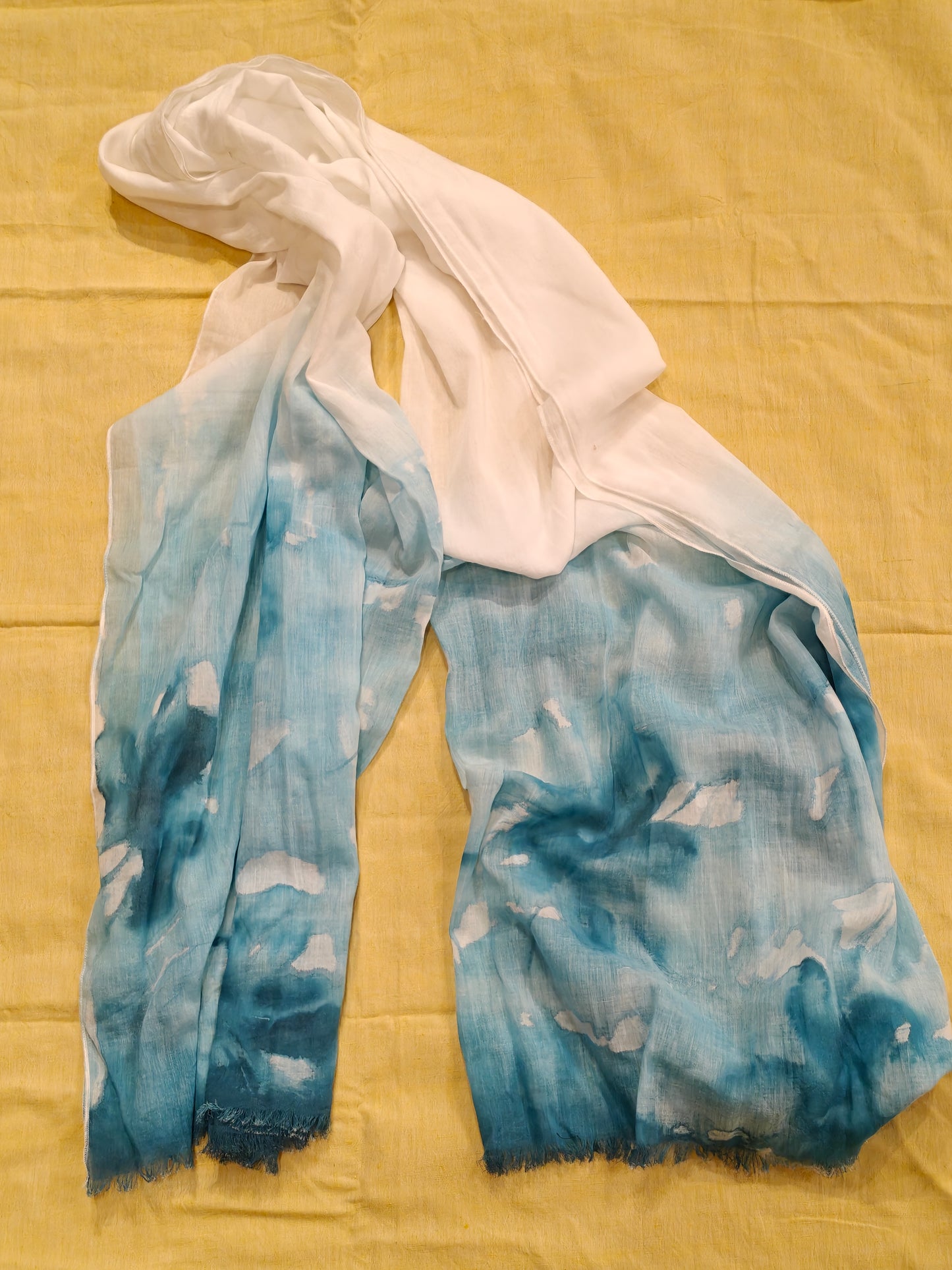 White and sky blue handpainted mul cotton dupatta