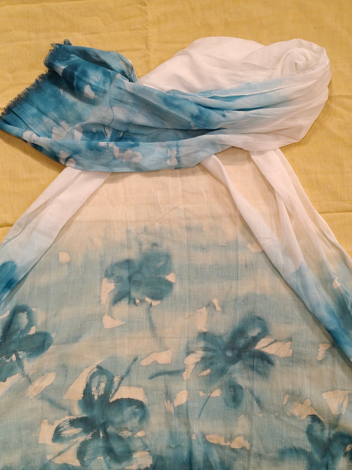 White and sky blue handpainted mul cotton dupatta