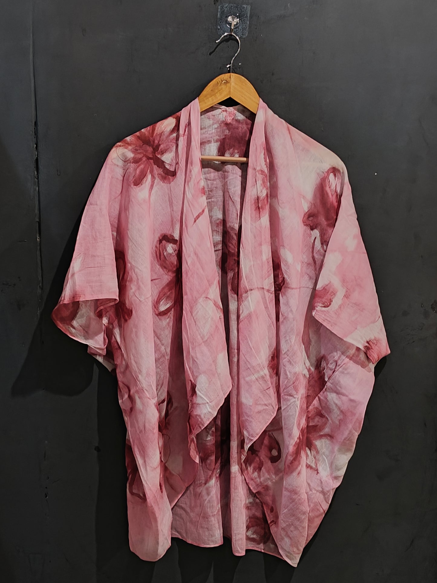 Pink flowers handpainted on white base mul cotton shrug