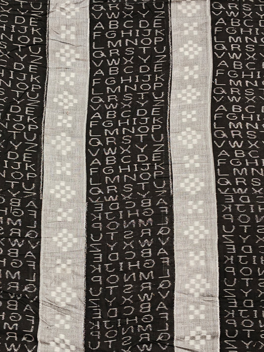 Black and grey alphabets design ikat tie and dye handloom cotton fabric