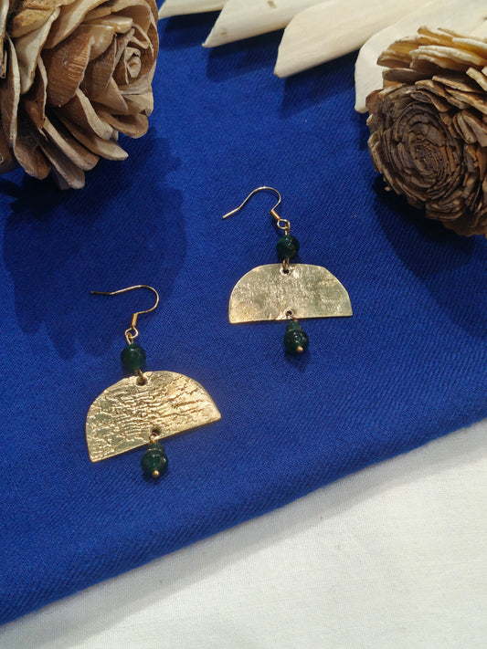 Semi-circular brass handcrafted hook earrings with green beads