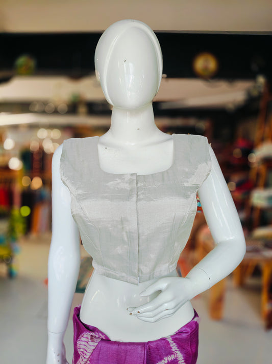 Silver tissue silk handloom sleeveless front open blouse
