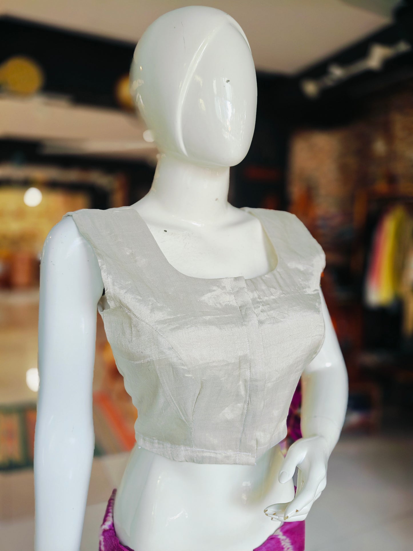 Silver tissue silk handloom sleeveless front open blouse