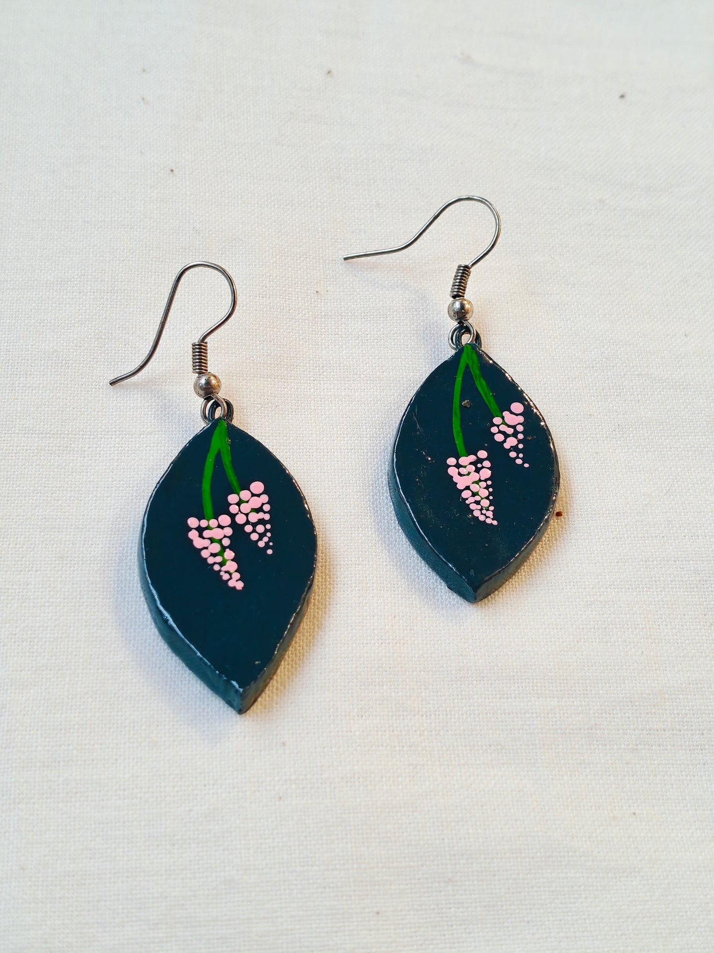 Sea weed green handcrafted terracotta hook earrings with handpainted flowers