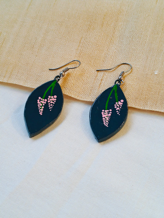Sea weed green handcrafted terracotta hook earrings with handpainted flowers