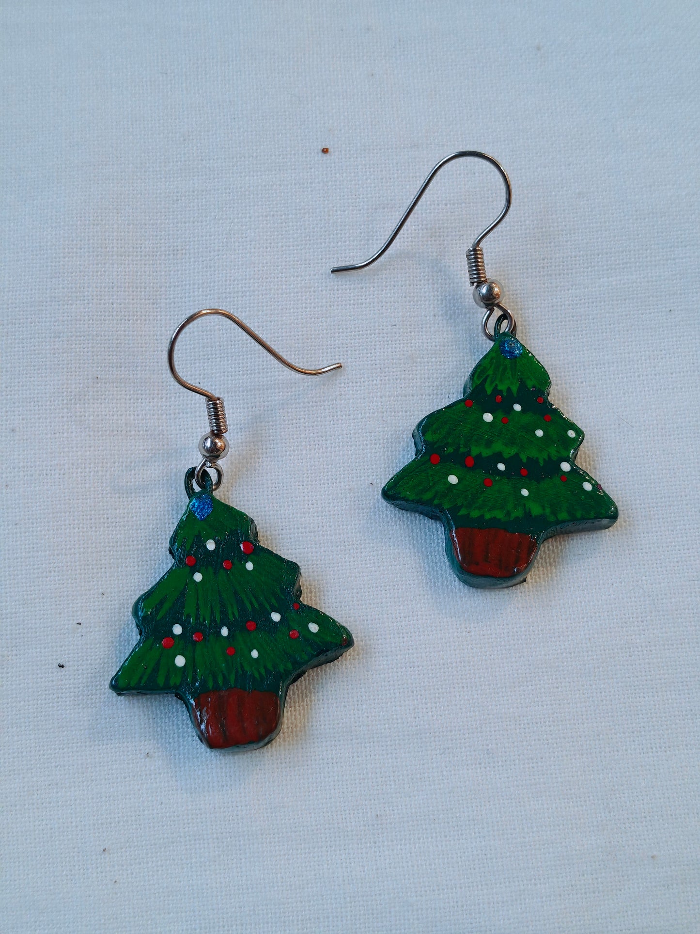 Christmas tree handcrafted, handpainted terracotta hook earrings