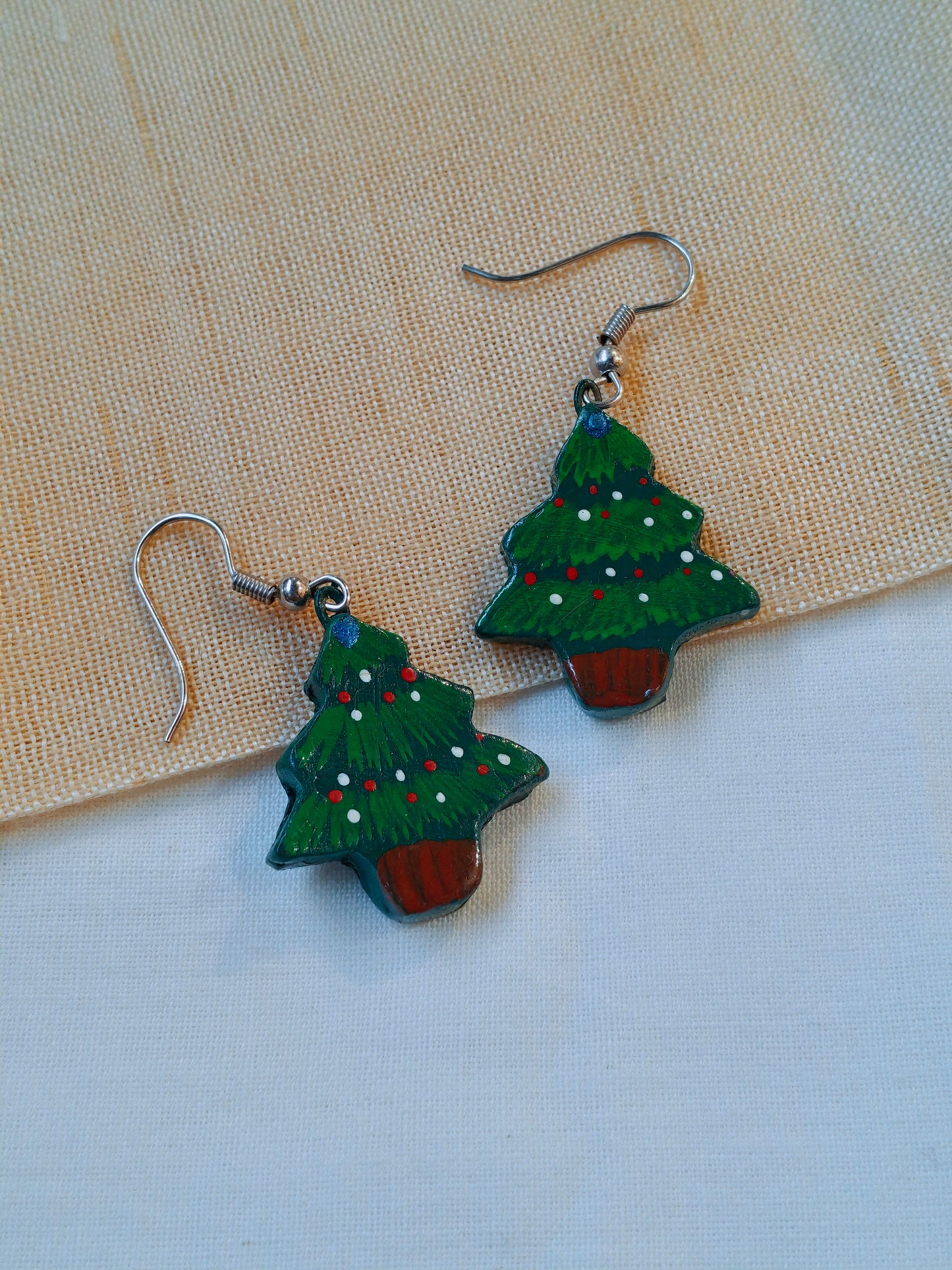 Christmas tree handcrafted, handpainted terracotta hook earrings