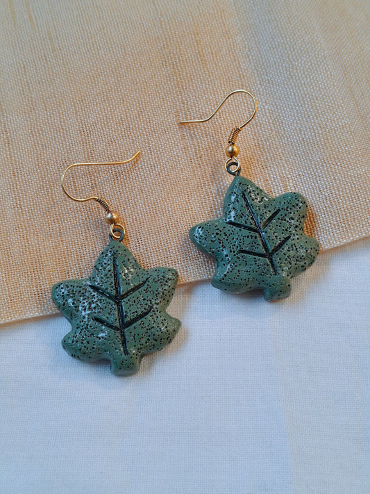 Leaf shaped handcrafted, handpainted terracotta hook earrings
