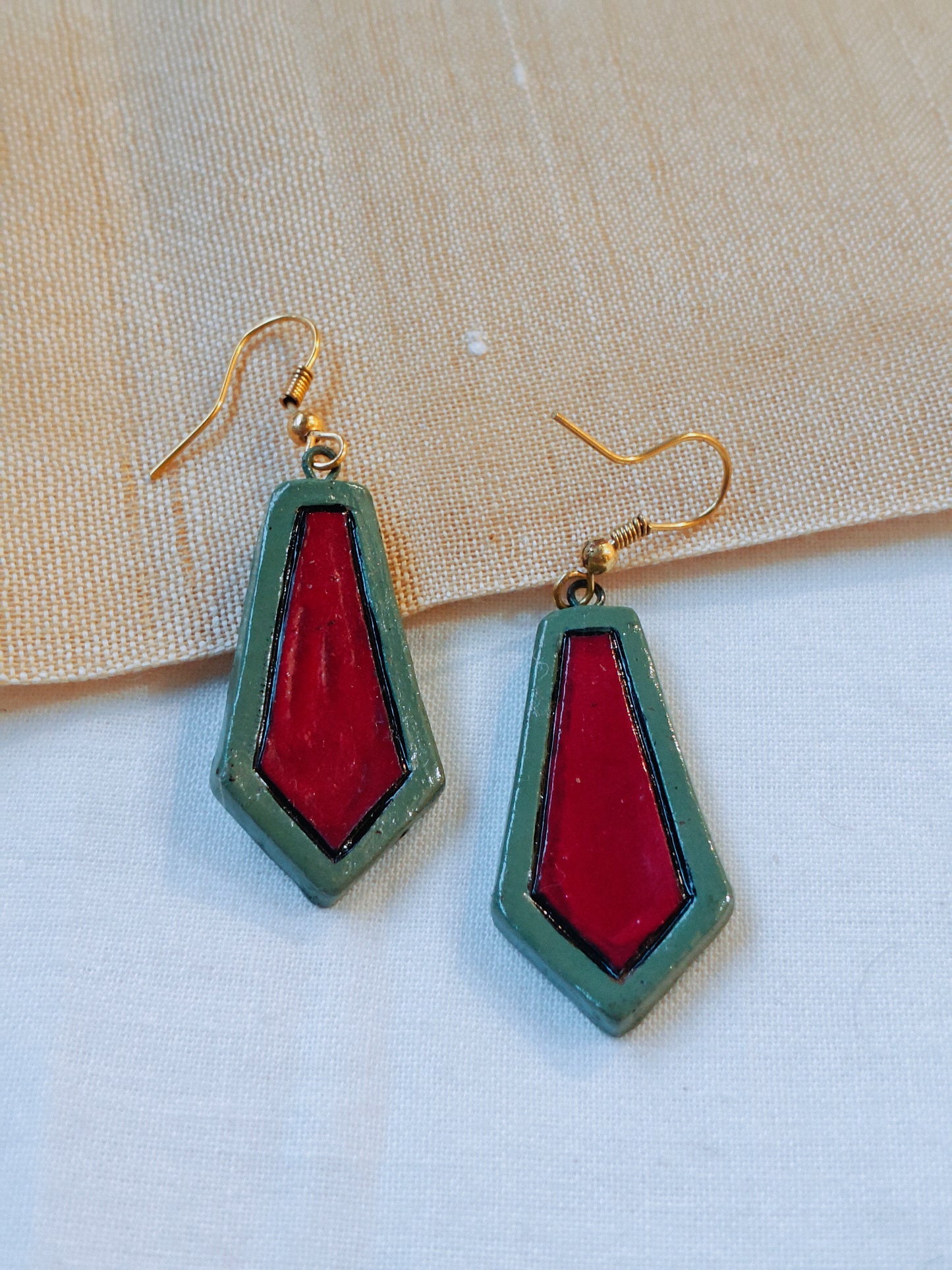 Tie shaped handpainted terracotta hook earrings