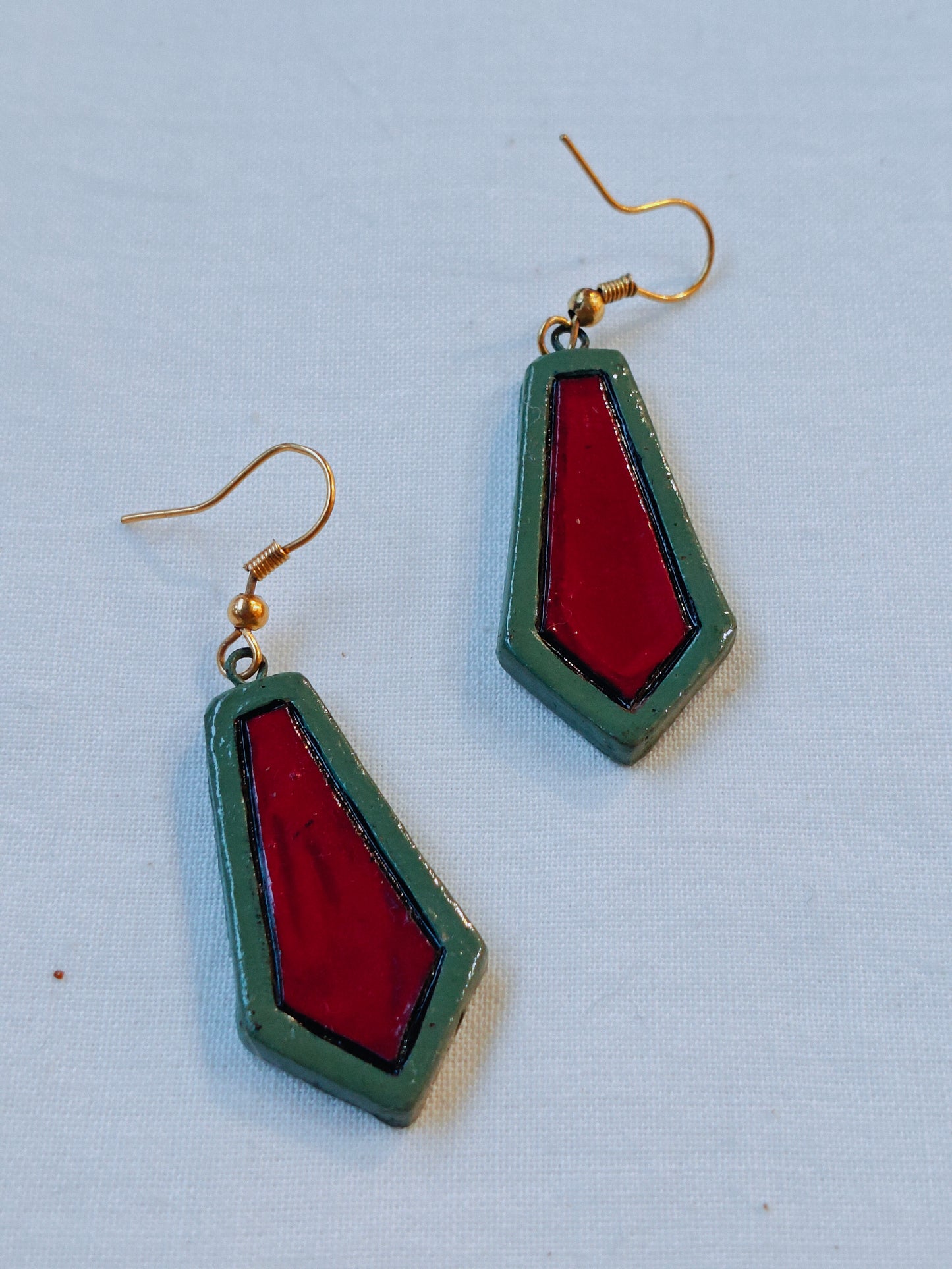 Tie shaped handpainted terracotta hook earrings