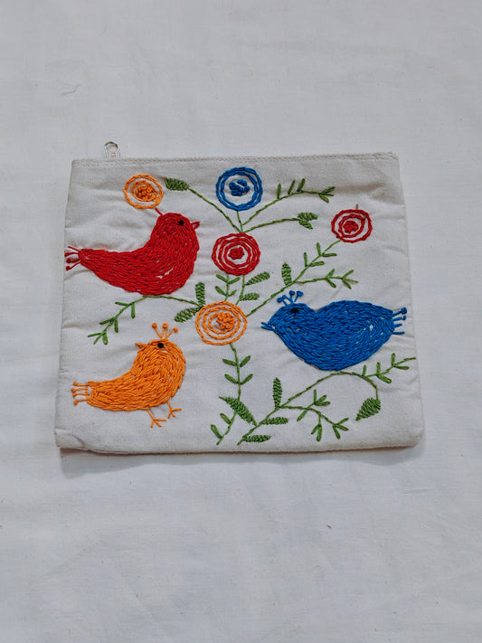 Little birdies hand embroidery on white base fabric pouch with zipper closure