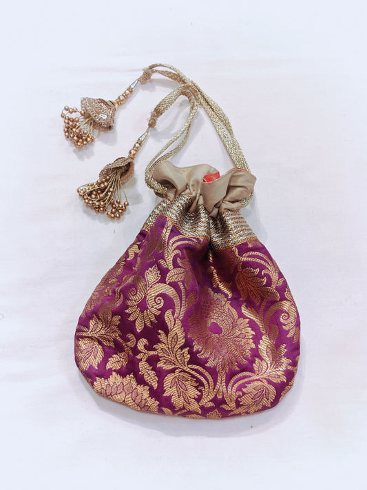 Pink n cream floral silk potli with ghungroos