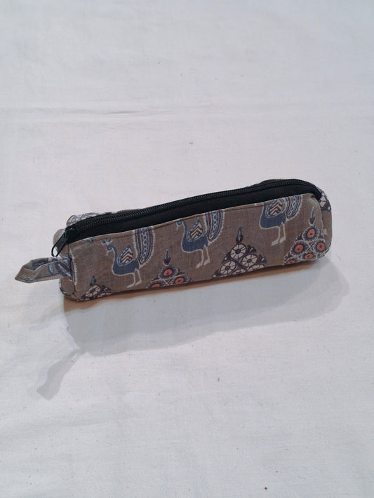 Peacocks handblock printed pencil pouch with zipper closure