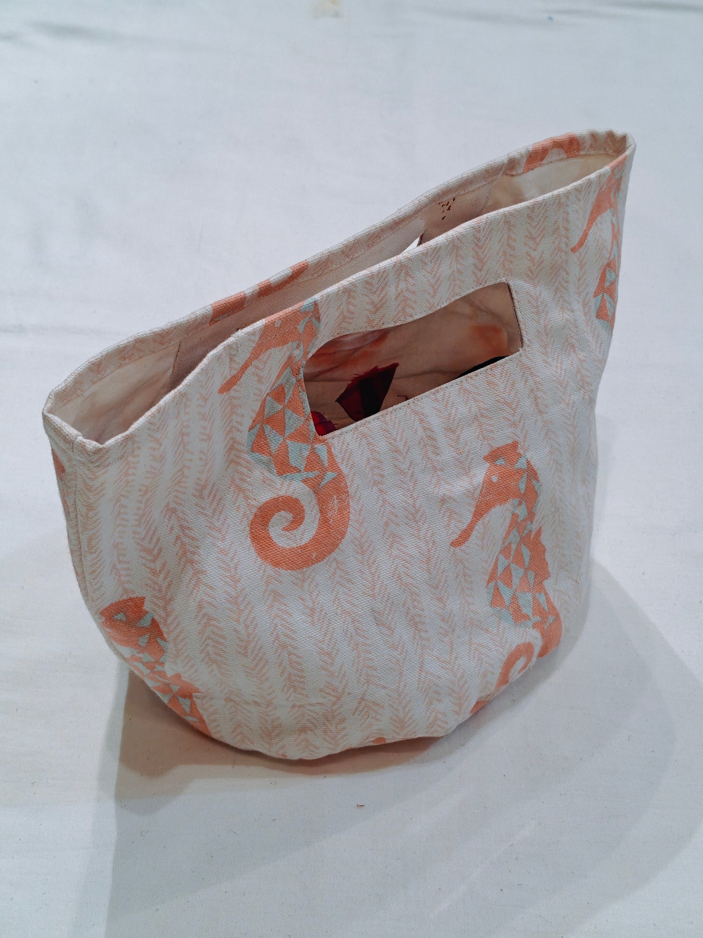 Orange n white stripes sea horses handblock printed organizer basket
