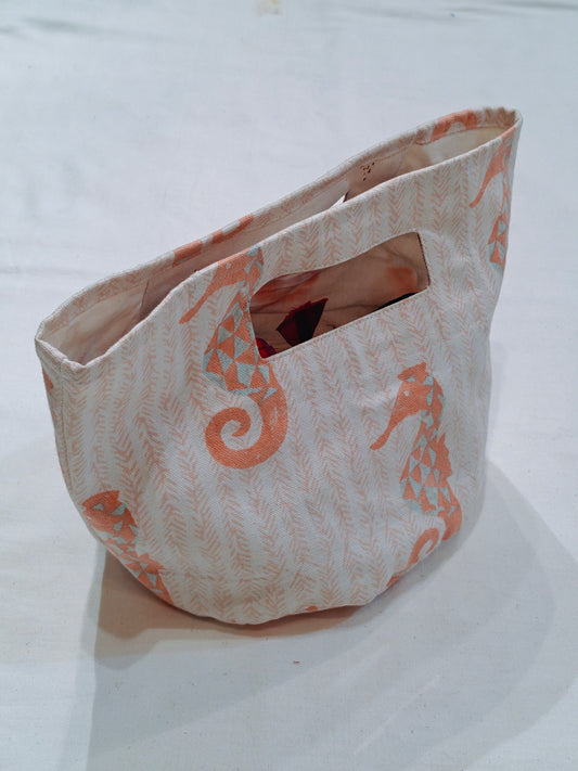 Orange n white stripes sea horses handblock printed organizer basket
