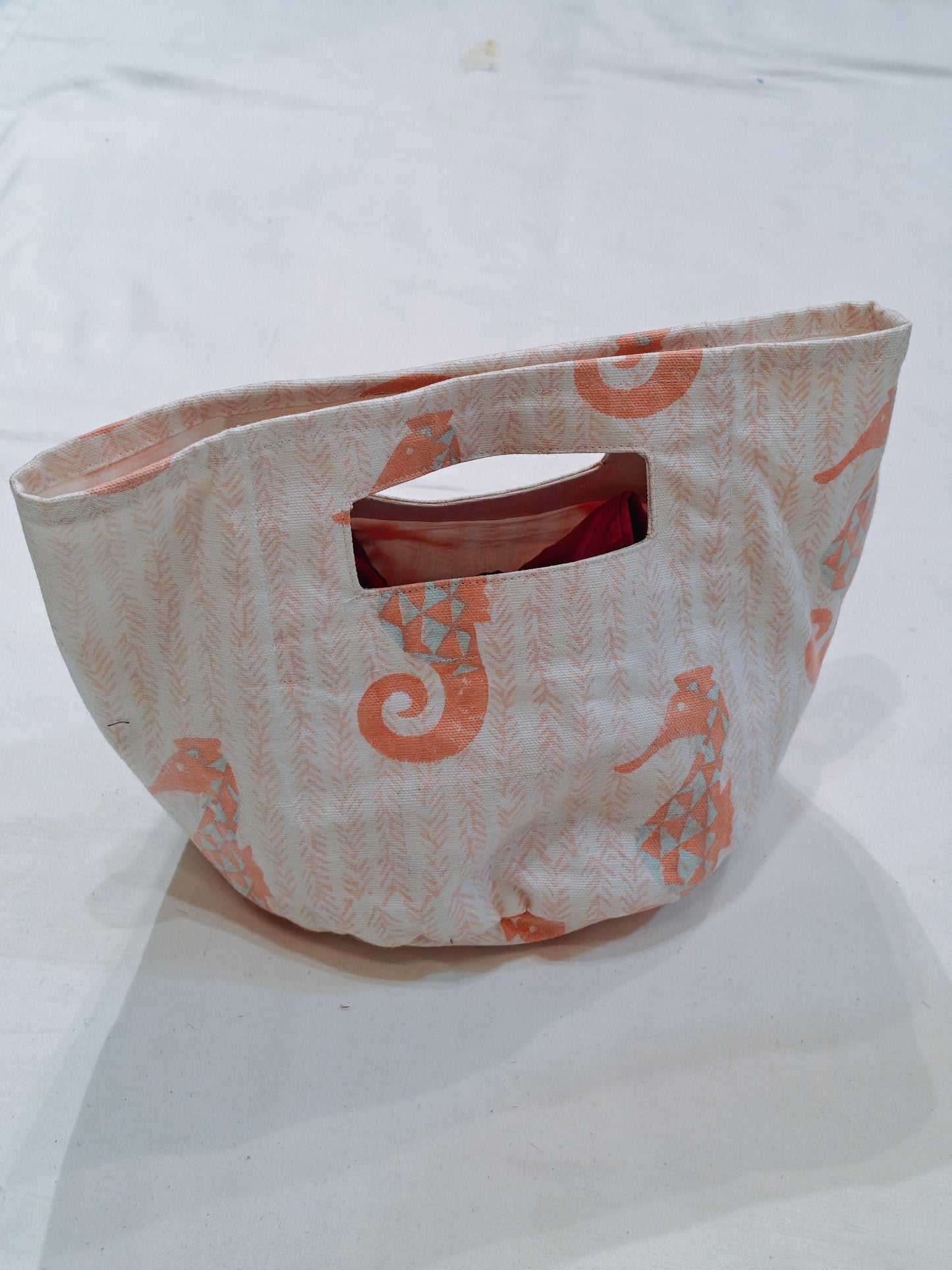 Orange n white stripes sea horses handblock printed organizer basket