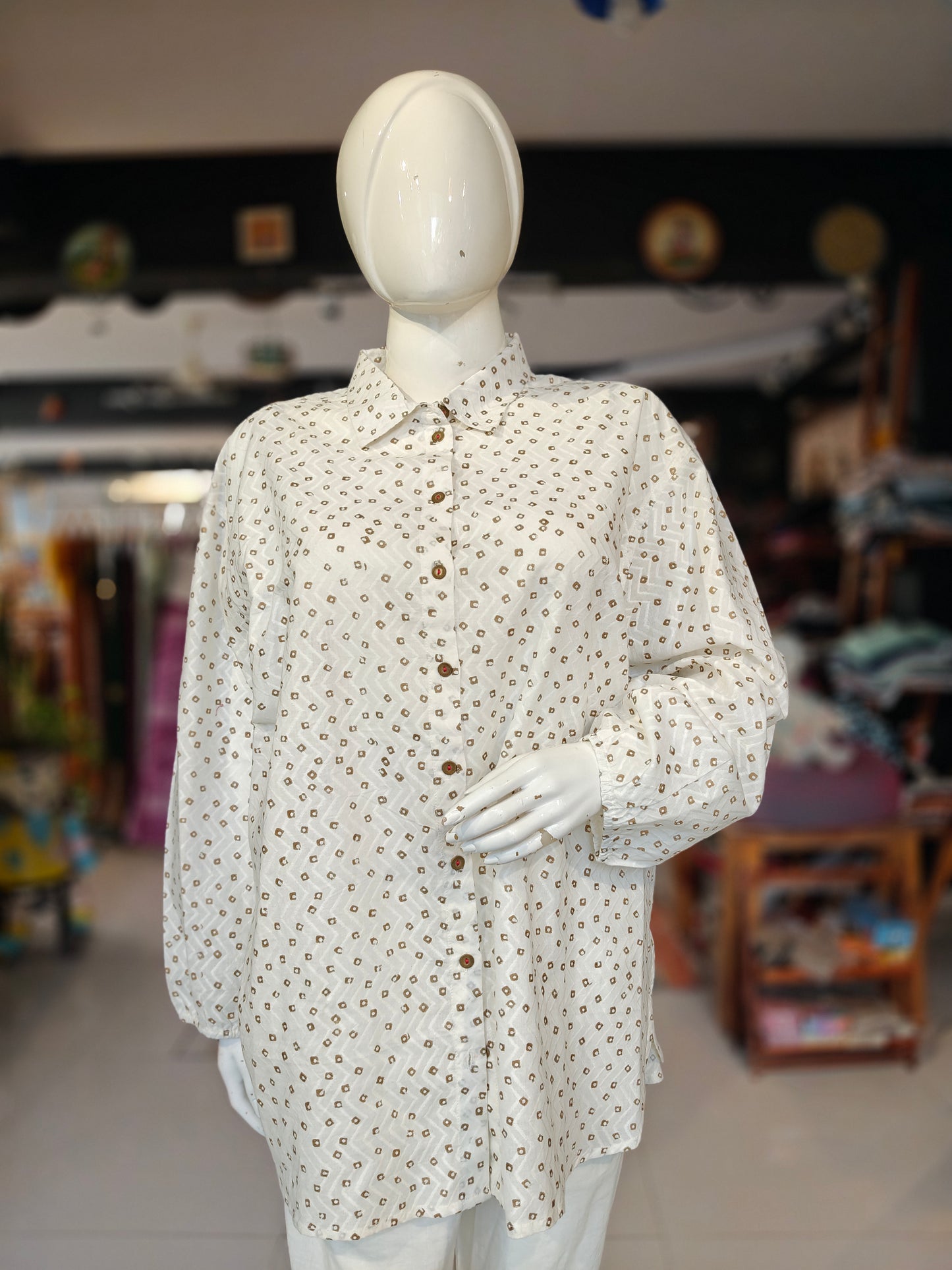 White with diamonds printed cotton relaxed fit oversized shirt