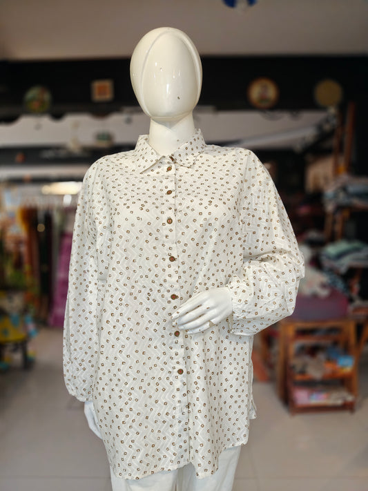 White with diamonds printed cotton relaxed fit oversized shirt