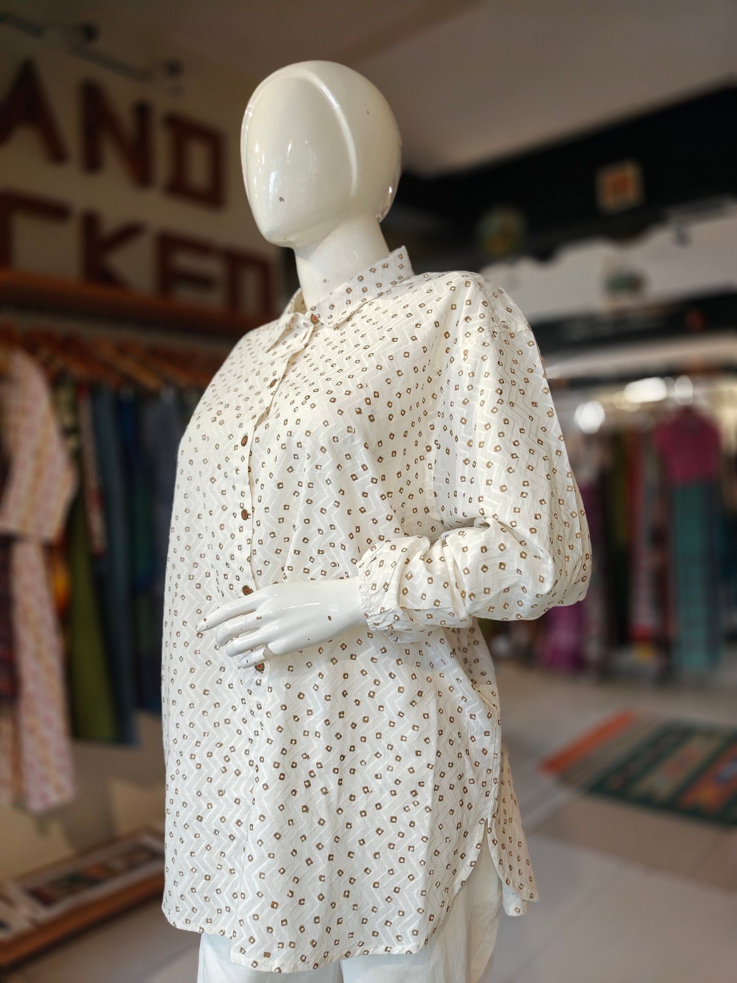 White with diamonds printed cotton relaxed fit oversized shirt
