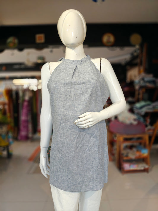 Grey halter neck hemp top, long front and short back