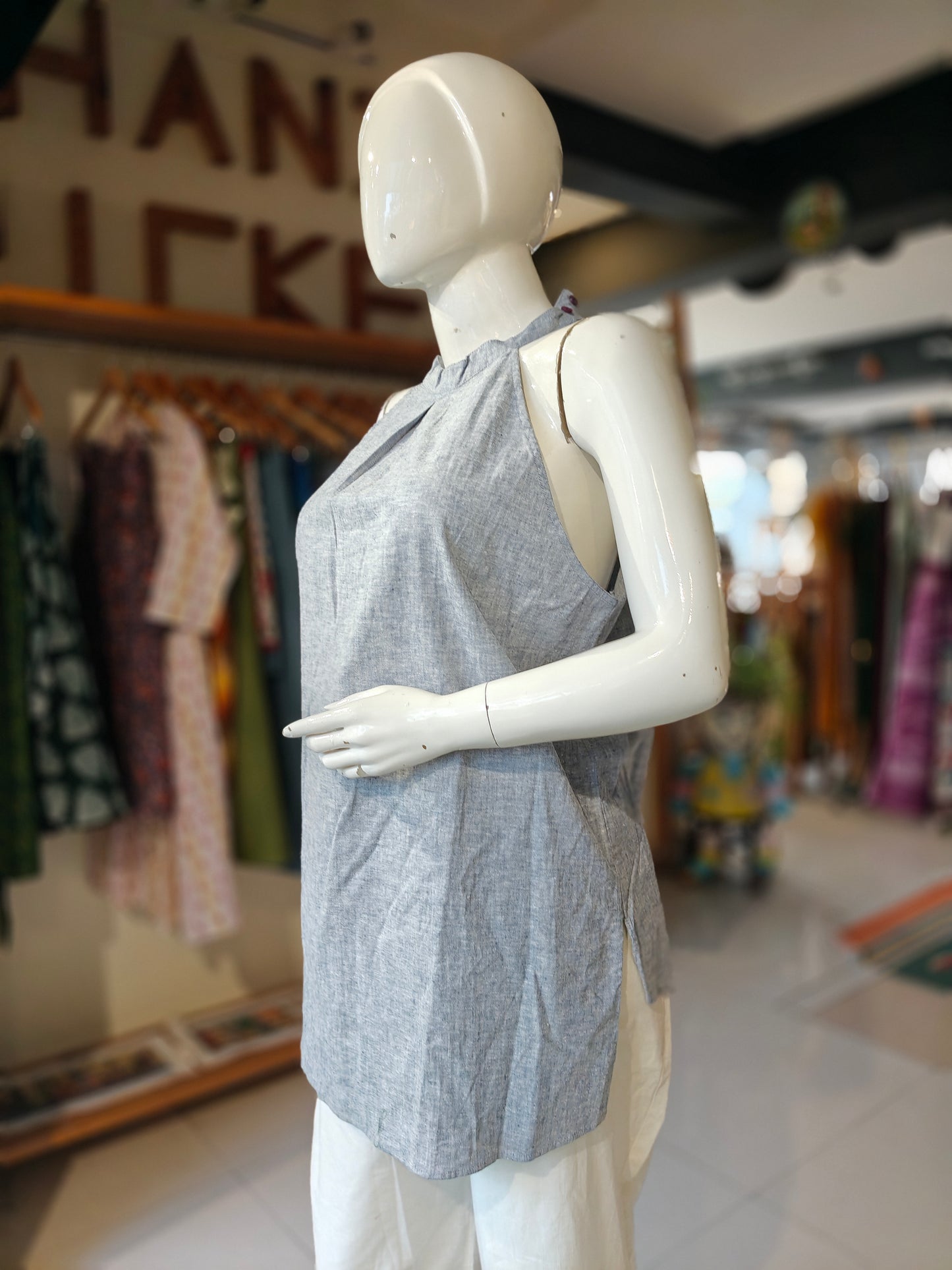 Grey halter neck hemp top, long front and short back