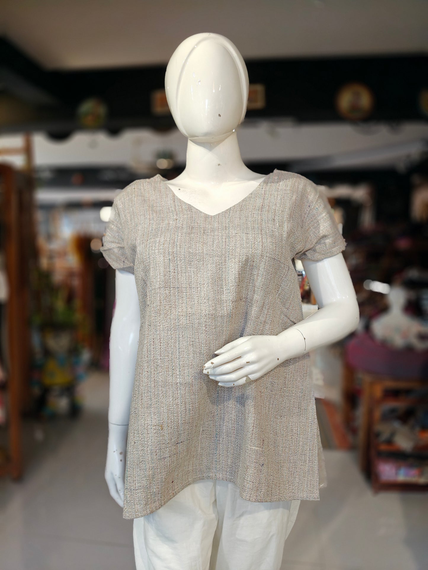 Grey khadi cotton V-neck top - colorful yarn
