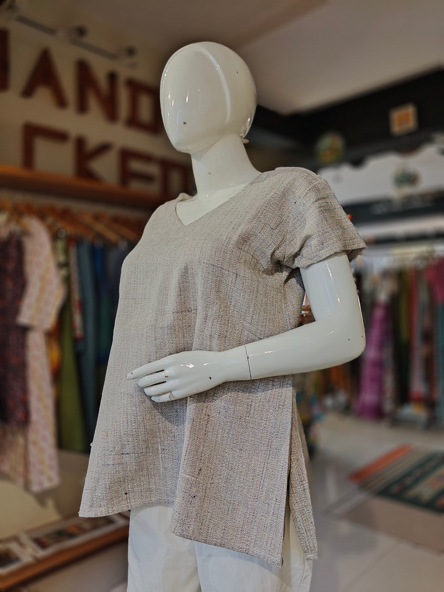 Grey khadi cotton V-neck top - colorful yarn