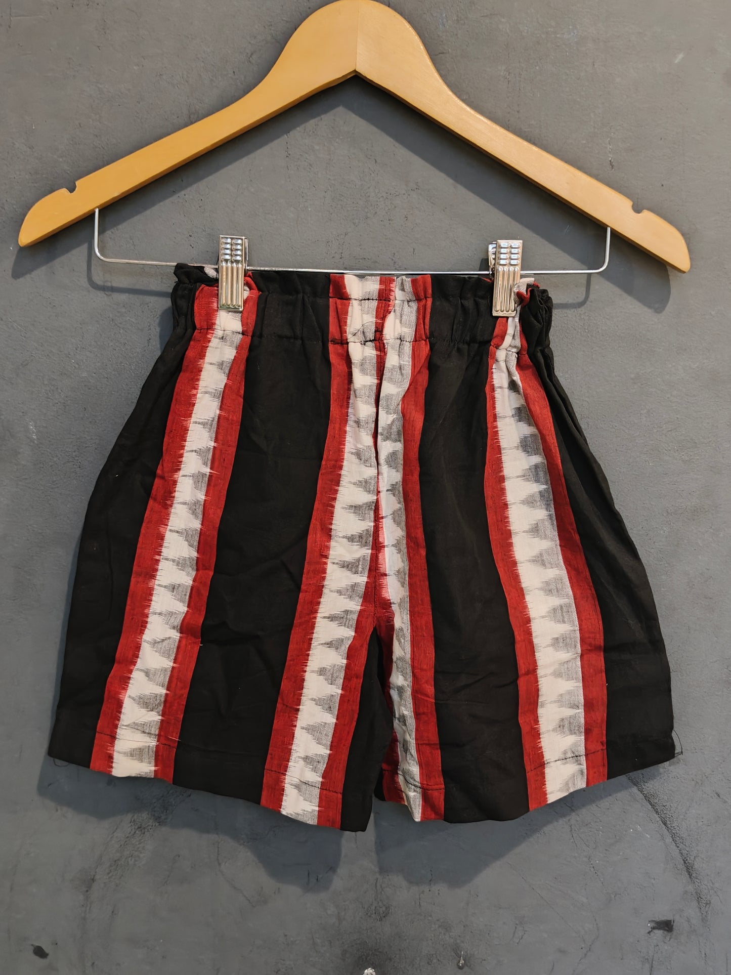 Maroon, black and white striped ikat cotton handloom shorts with pockets