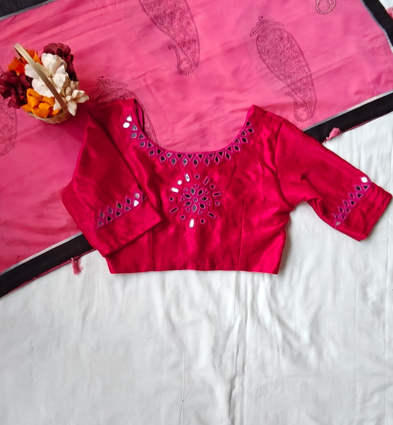 Pink mirror work hand embroidered Mashru blouse