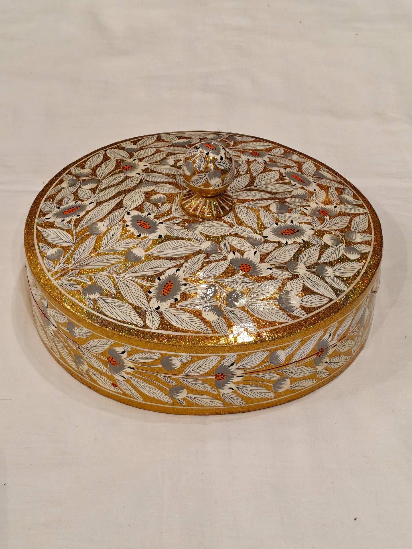 White and gold Flowers hand painted papier mache dry fruits box / jewellery organizer