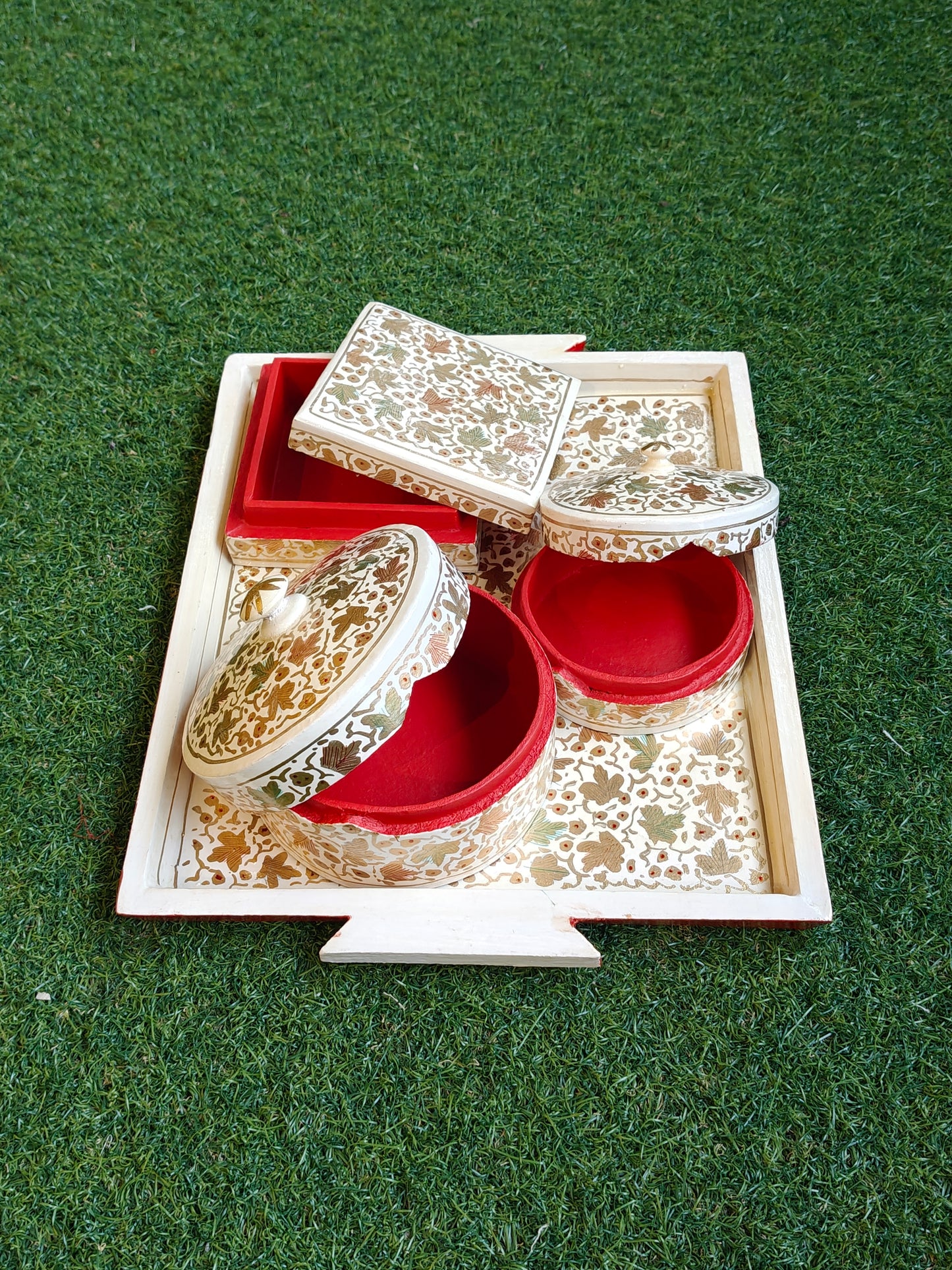 White and gold leaves hand painted papier mache tray and two boxes - 3 piece set