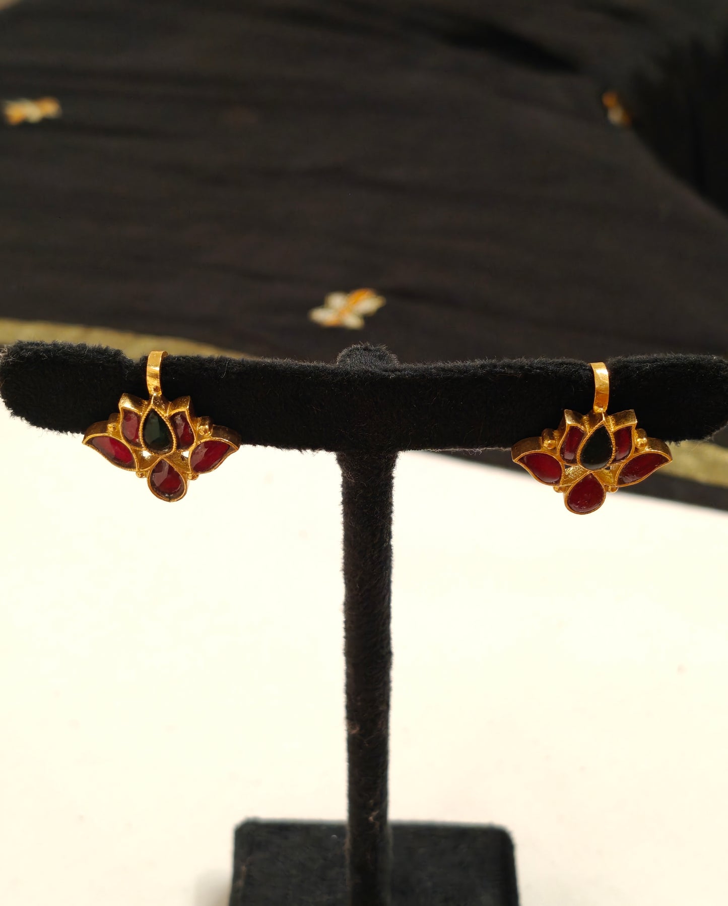 Lotus silver ear hooks / clip ons in sides Pink and centre green stones