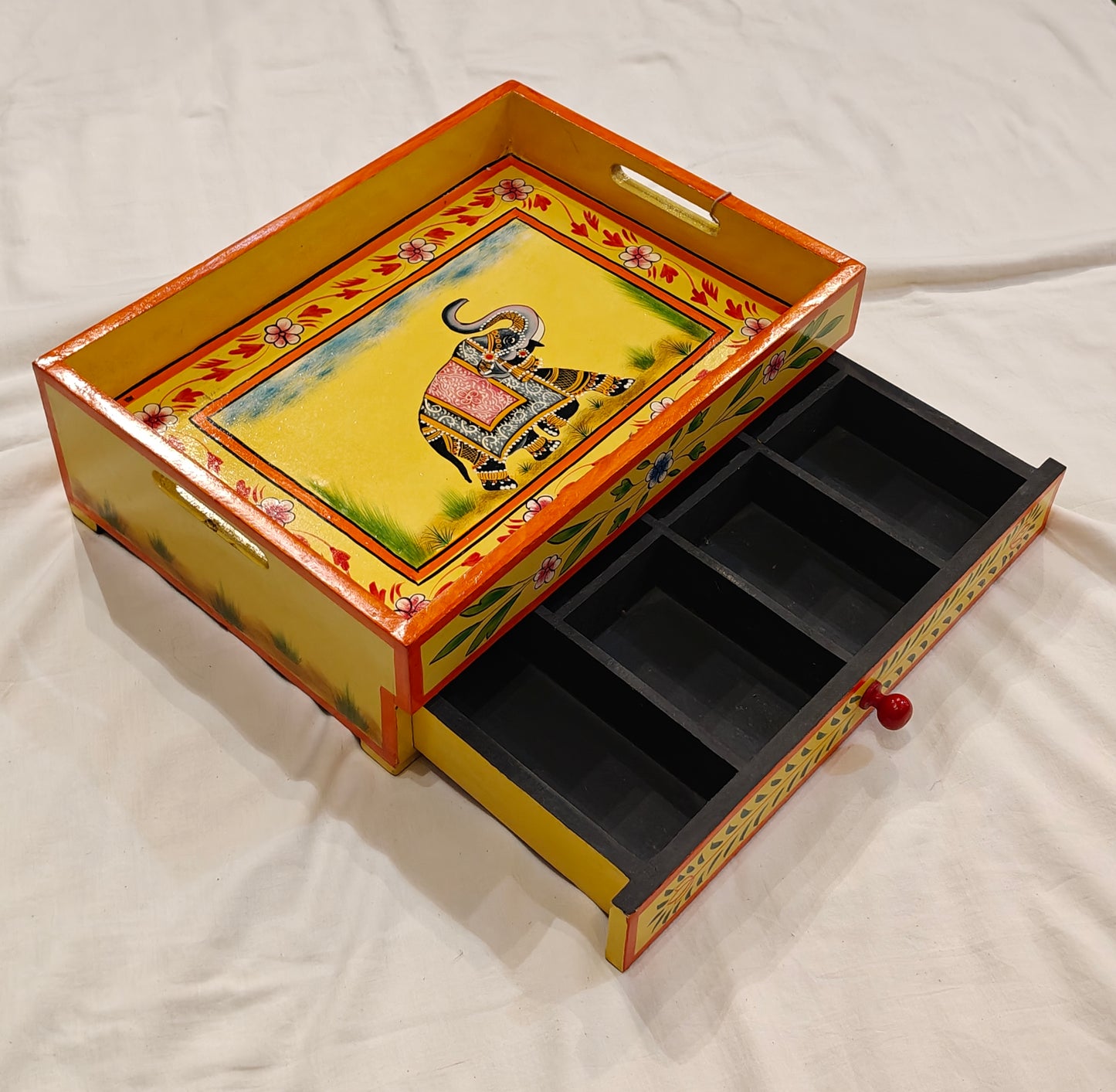 Yellow Elephant handpainted wooden jewellery box / organizer