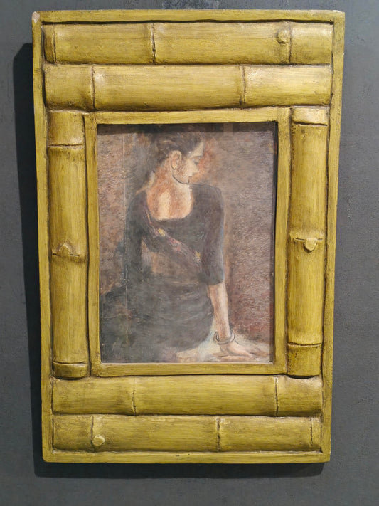 Beautiful lady in saree - vintage look art in a bamboo look alike frame