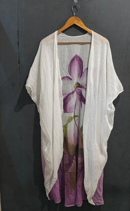 Purple and green hand-painted mul cotton long shrug