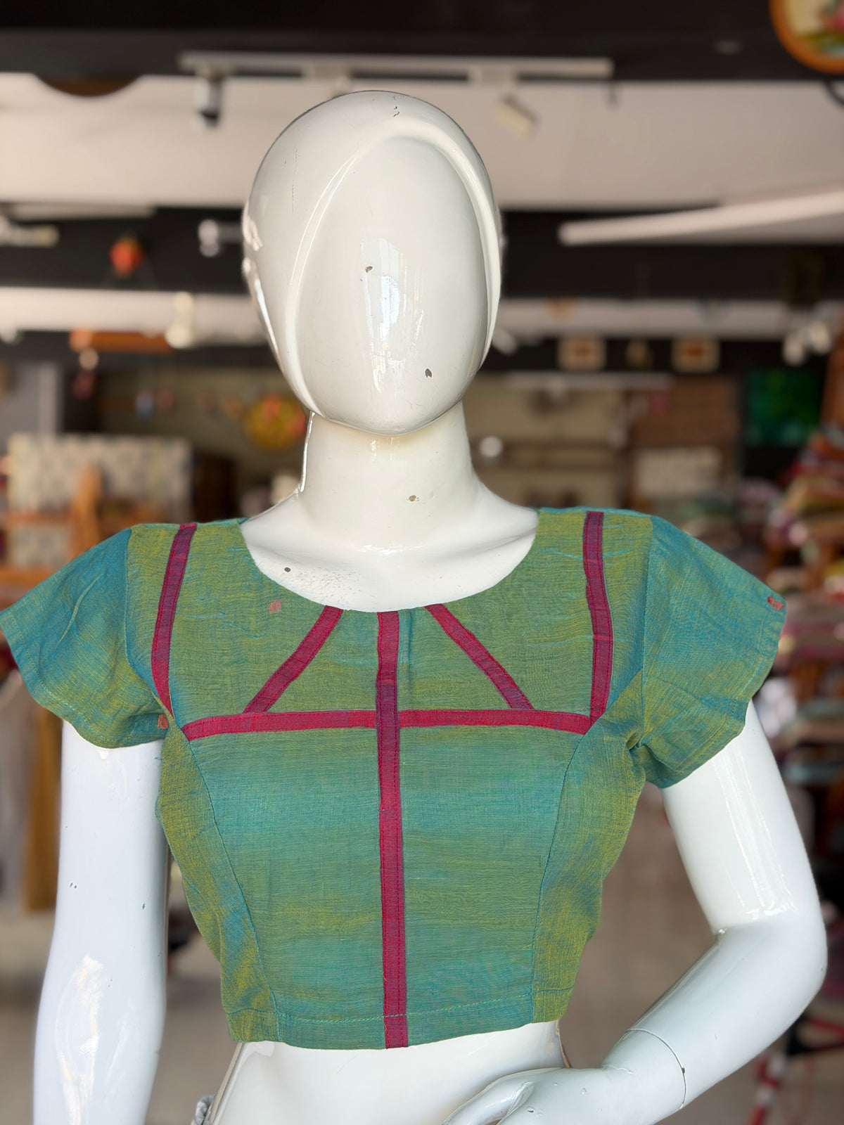 Teal Green Blouse with magenta accents back open handloom cotton blouse