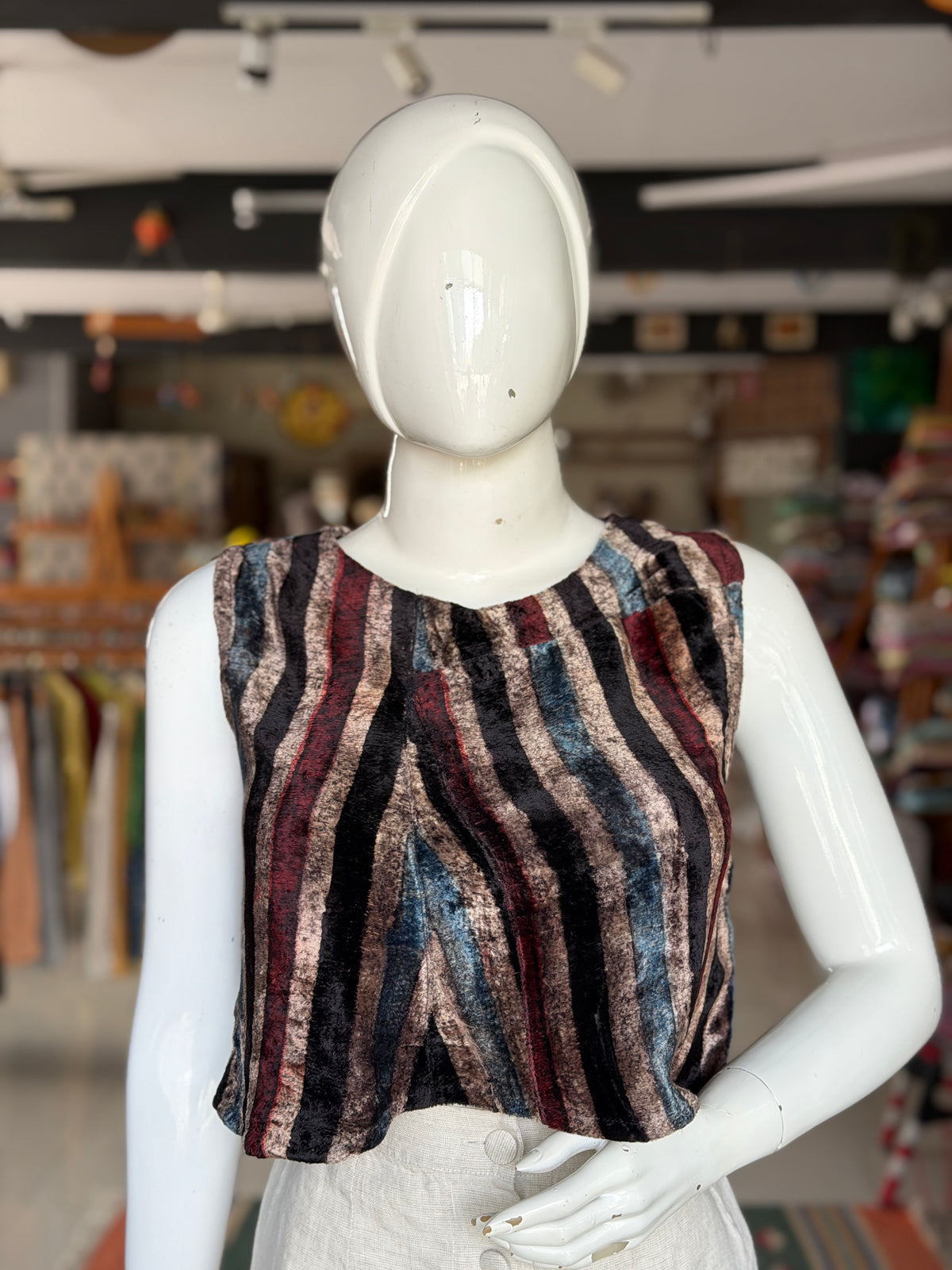 Colorful stripes velvet Ajrakh hand block printed crop top