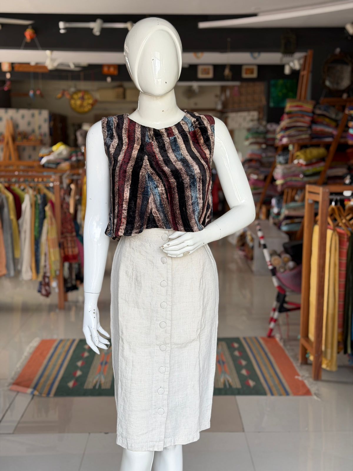 Colorful stripes velvet Ajrakh hand block printed crop top