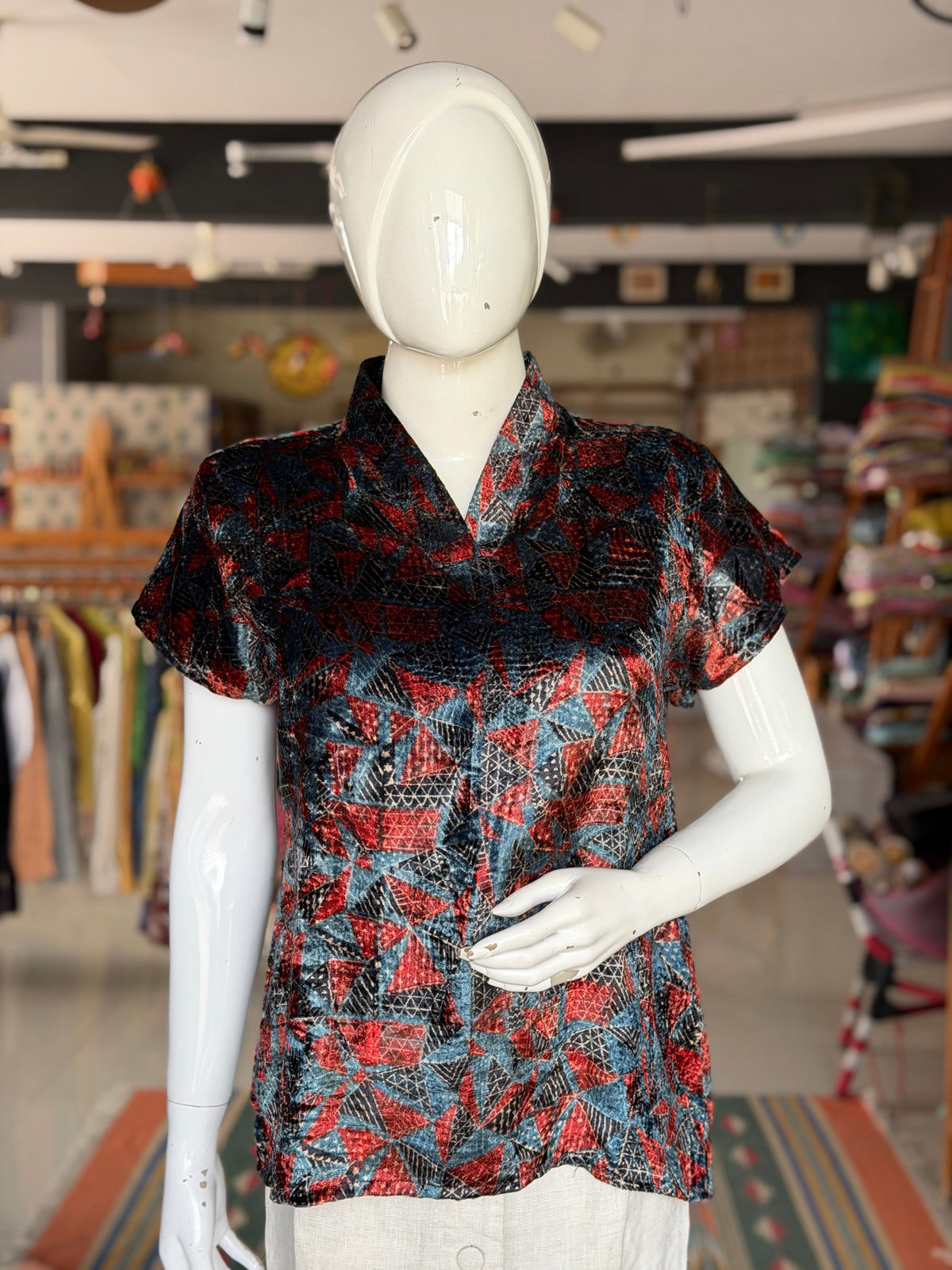 Indigo n maroon velvet Ajrakh hand block printed top